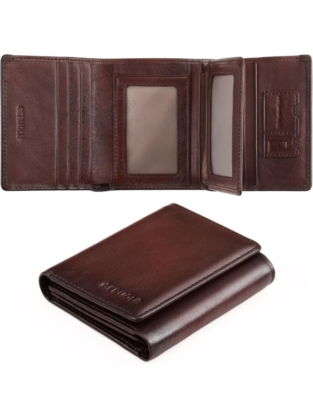 Genuine Leather Trifold Wallet for Men, RFID Blocking, Large Capacity, ID & Card